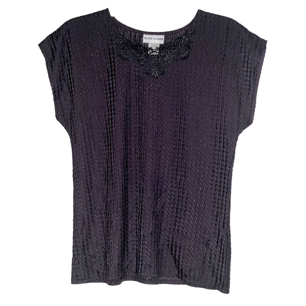 VTG Alice Stuart Small Black Top Pull Over Textured Weaved Floral Lace